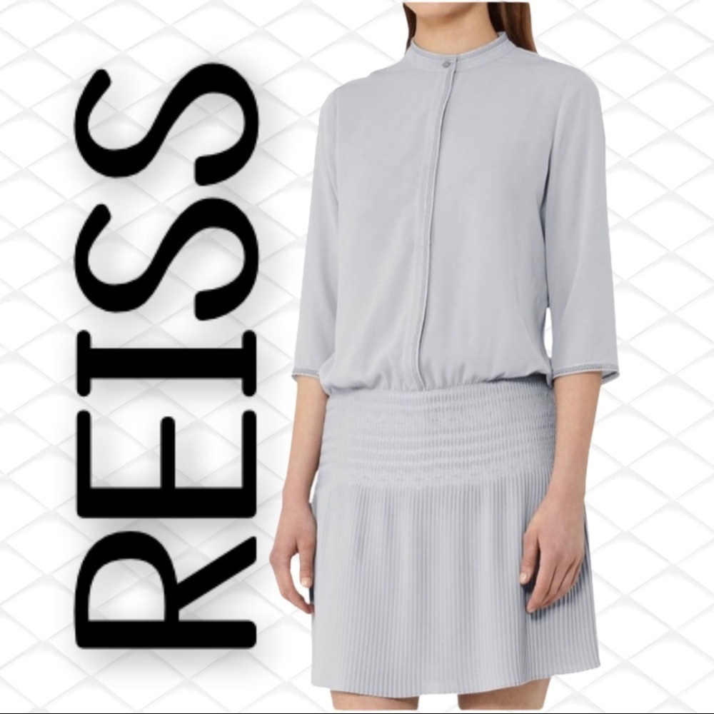 REISS Bergamo Smocked Drop Waist Mini Dress Pale Fern Green, Size 6